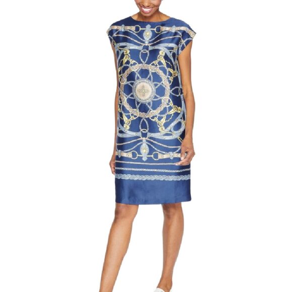 J. McLaughlin Althea Blue Equestrian Print Boatneck Shift Dress XS Cap Sleeve - Picture 9 of 9